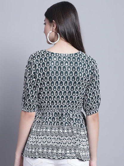 Jainish Women's WoChikankari & Sequins Work Empire Top - Olive