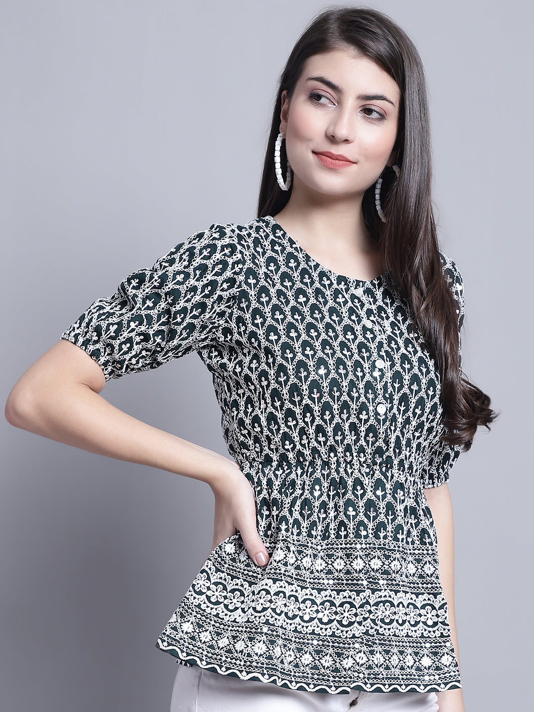 Jainish Women's WoChikankari & Sequins Work Empire Top - Olive