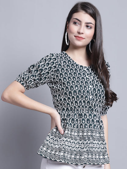 Jainish Women's WoChikankari & Sequins Work Empire Top - Olive