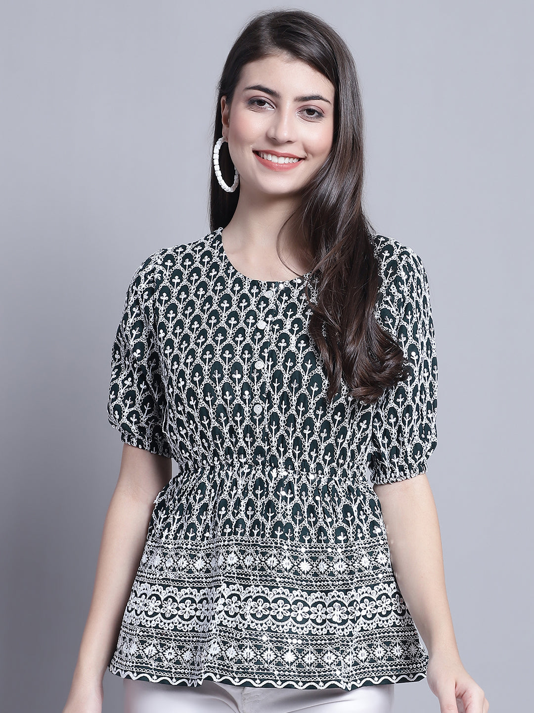 Jainish Women's WoChikankari & Sequins Work Empire Top - Olive