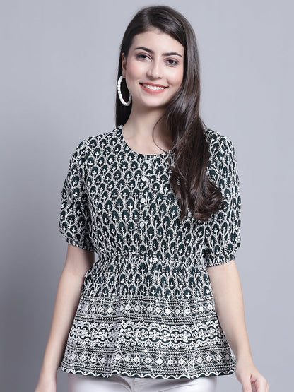 Jainish Women's WoChikankari & Sequins Work Empire Top - Olive