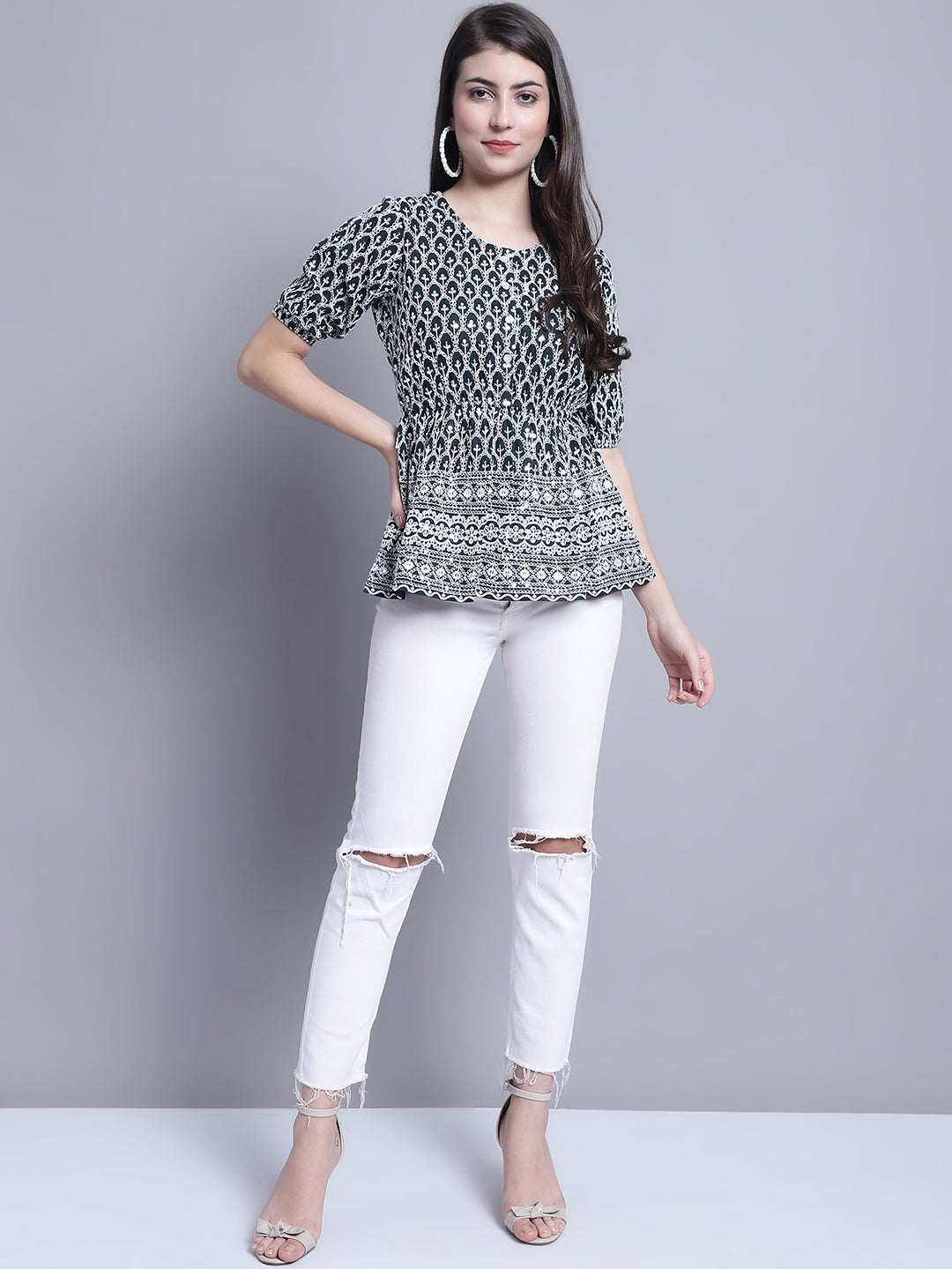 Jainish Women's WoChikankari & Sequins Work Empire Top - Olive