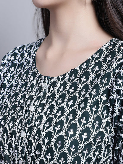Jainish Women's WoChikankari & Sequins Work Empire Top - Olive