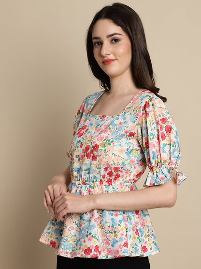 Jainish Women's Floral Print Puff Sleeves Top - Multi