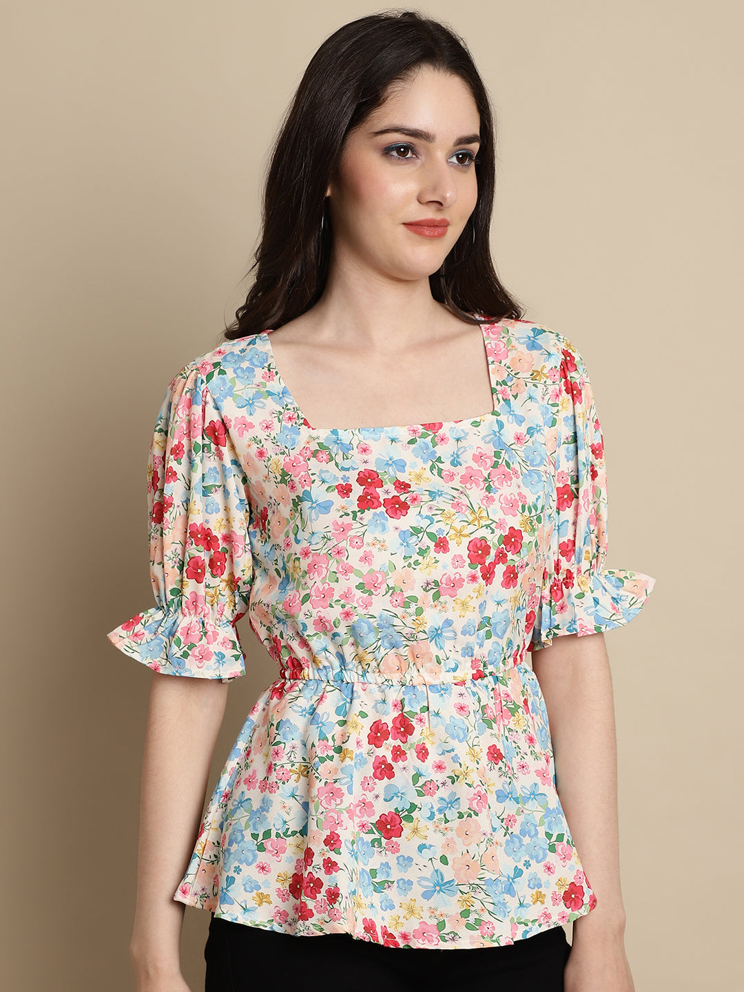 Jainish Women's Floral Print Puff Sleeves Top - Multi