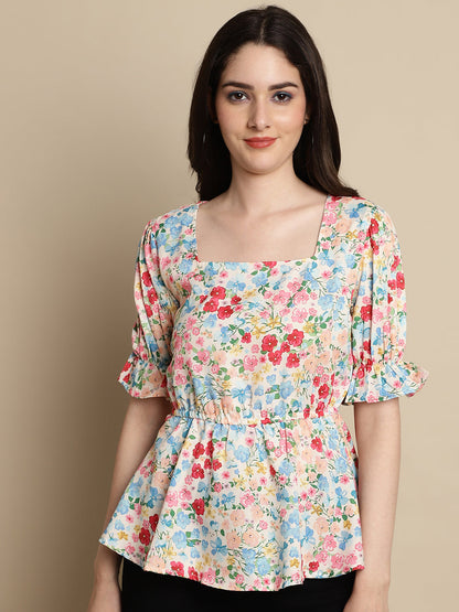 Jainish Women's Floral Print Puff Sleeves Top - Multi