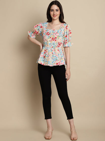 Jainish Women's Floral Print Puff Sleeves Top - Multi
