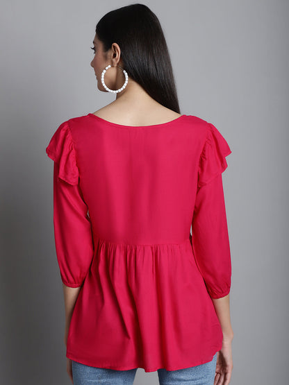 Jainish Women's Embroidered Stylish Top - Red
