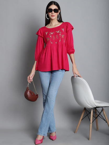 Jainish Women's Embroidered Stylish Top - Red