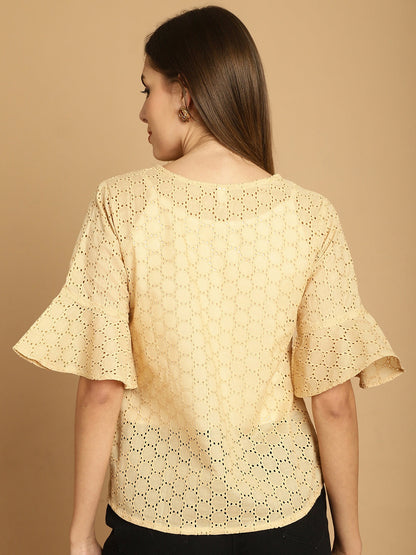 Indian Needle Women's Embroidered Cotton V-Neck Top - Beige
