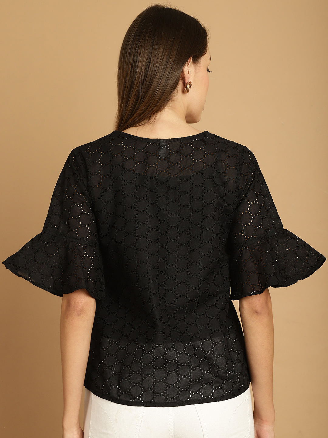 Indian Needle Women's Embroidered Cotton V-Neck Top - Black