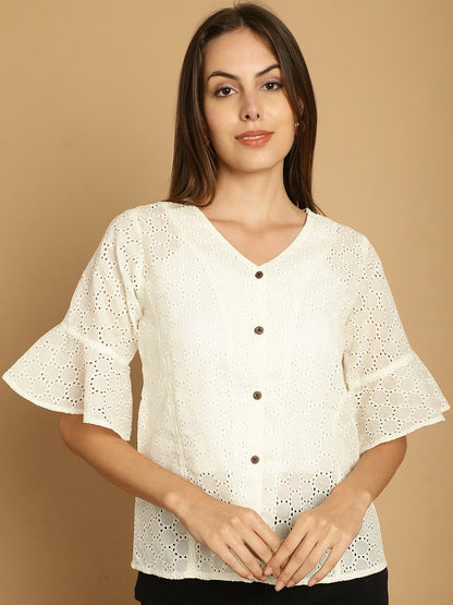 Indian Needle Women's Embroidered Cotton V-Neck Top - White