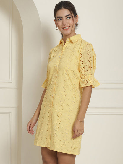 Indian Needle Women's Embroidered Cotton Dress - Yellow