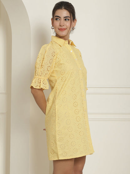 Indian Needle Women's Embroidered Cotton Dress - Yellow