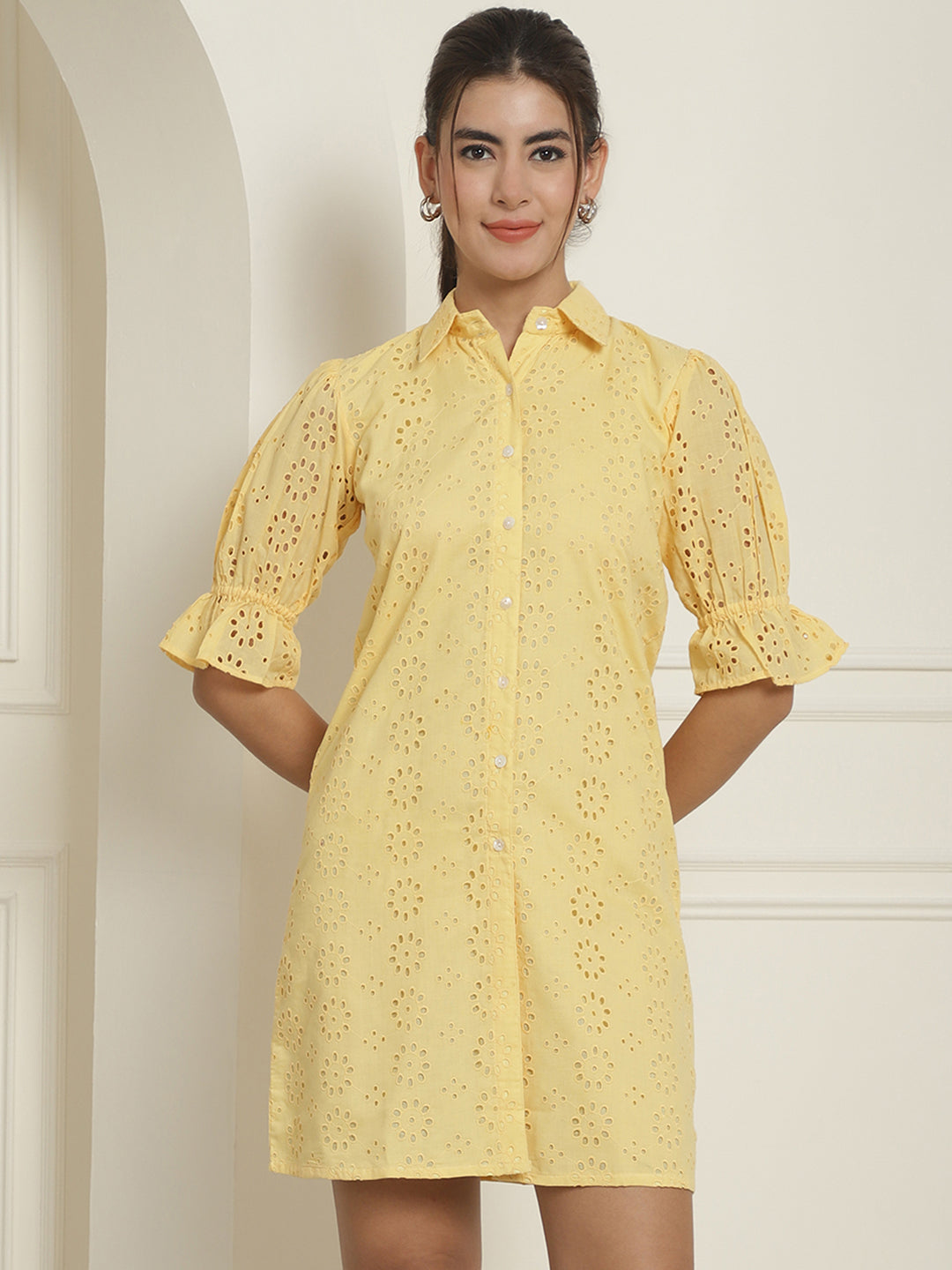 Indian Needle Women's Embroidered Cotton Dress - Yellow