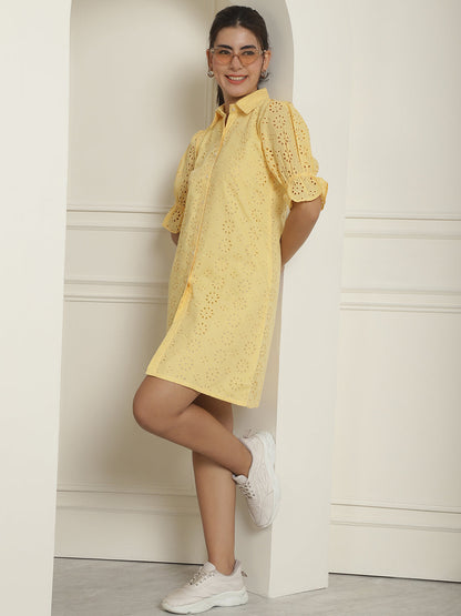 Indian Needle Women's Embroidered Cotton Dress - Yellow