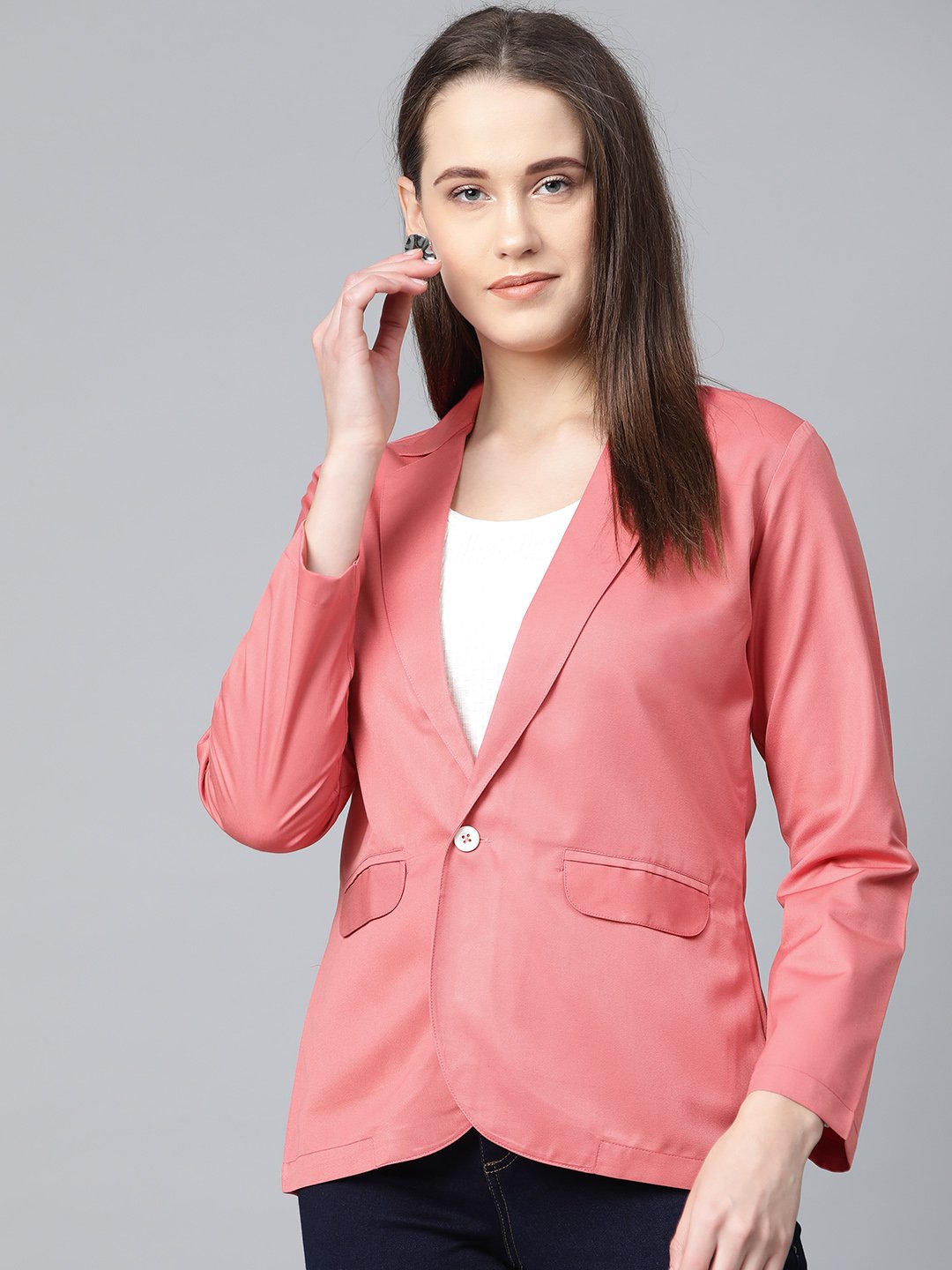 Jompers Women Peach Solid Single-Breasted Smart Casual Blazer