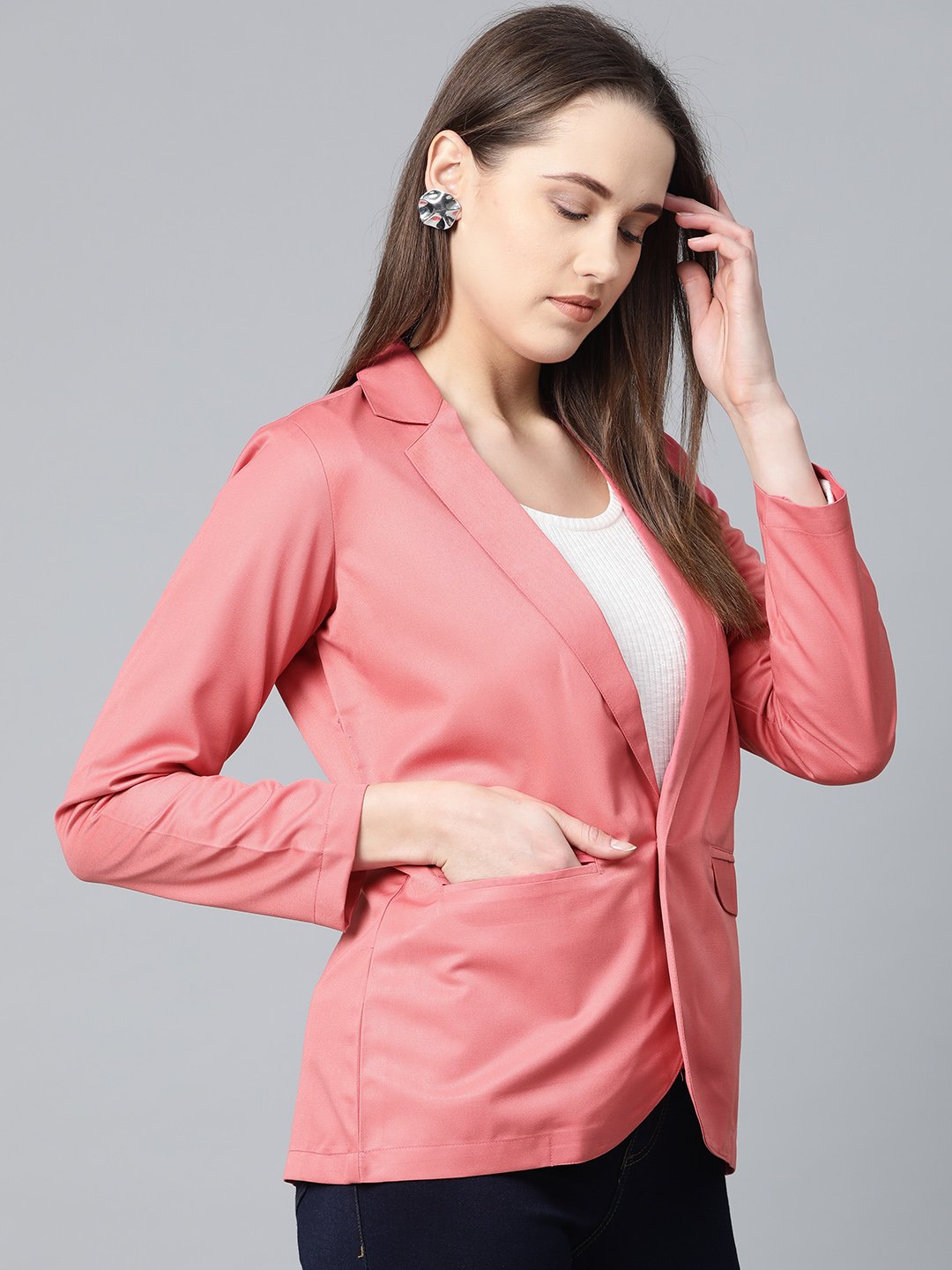 Jompers Women Peach Solid Single-Breasted Smart Casual Blazer