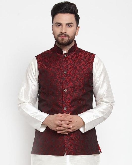 Jompers Men Maroon-Coloured & Black Woven Design Nehru Jacket