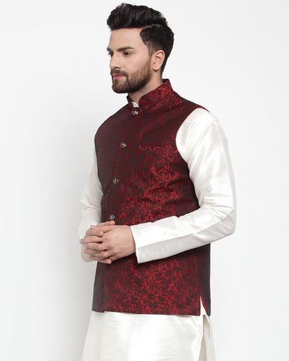 Jompers Men Maroon-Coloured & Black Woven Design Nehru Jacket