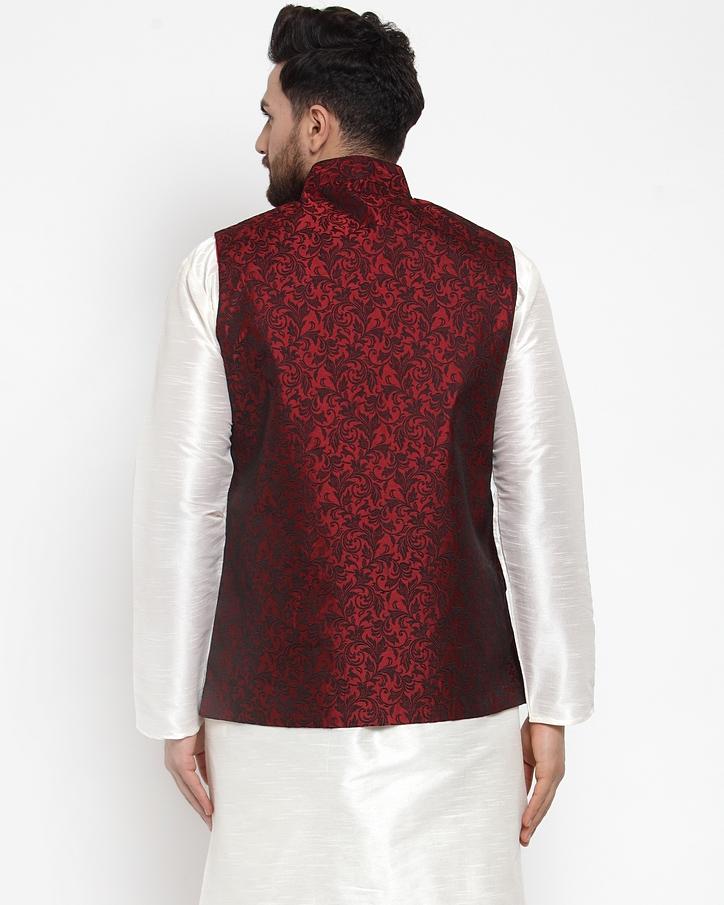 Jompers Men Maroon-Coloured & Black Woven Design Nehru Jacket