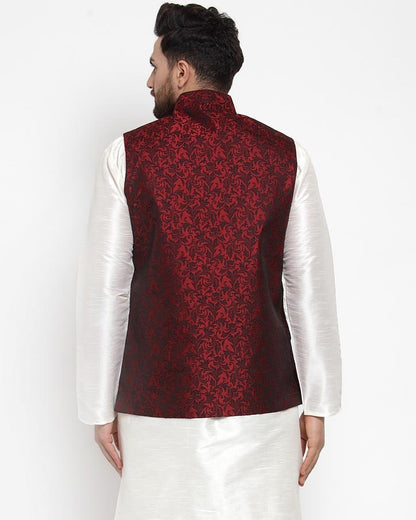 Jompers Men Maroon-Coloured & Black Woven Design Nehru Jacket