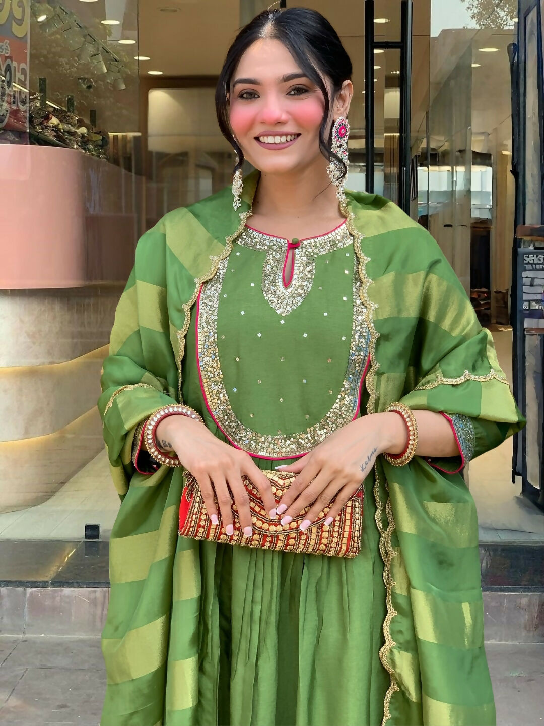 The52 Light Green Women's Gorgeous Embroidered Work Chanderi Fabric Flared Kurta Pant and Dupatta Set