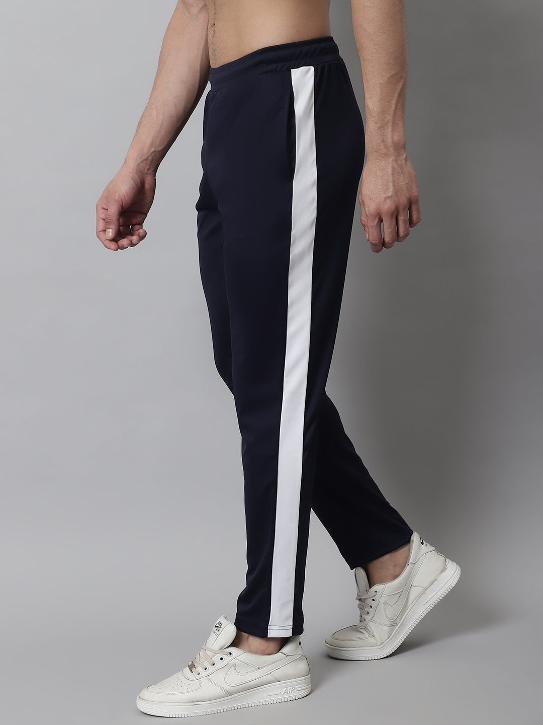 Jainish Men's Navy Blue and White Striped Streachable Lycra Trackpants