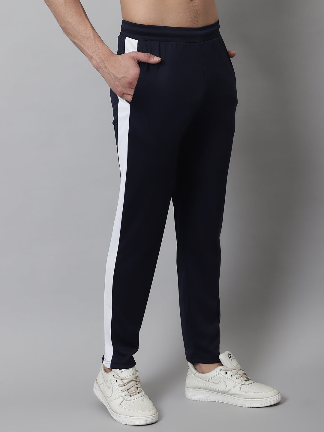 Jainish Men's Navy Blue and White Striped Streachable Lycra Trackpants