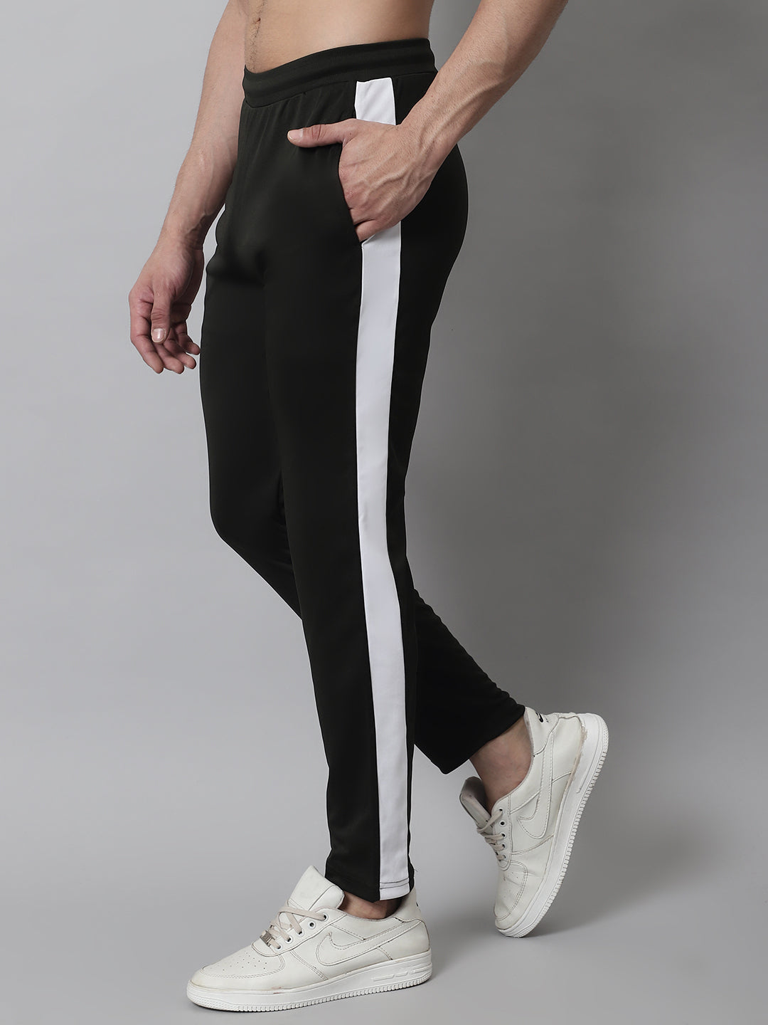 Jainish Men's Olive Green and White Striped Streachable Lycra Trackpants