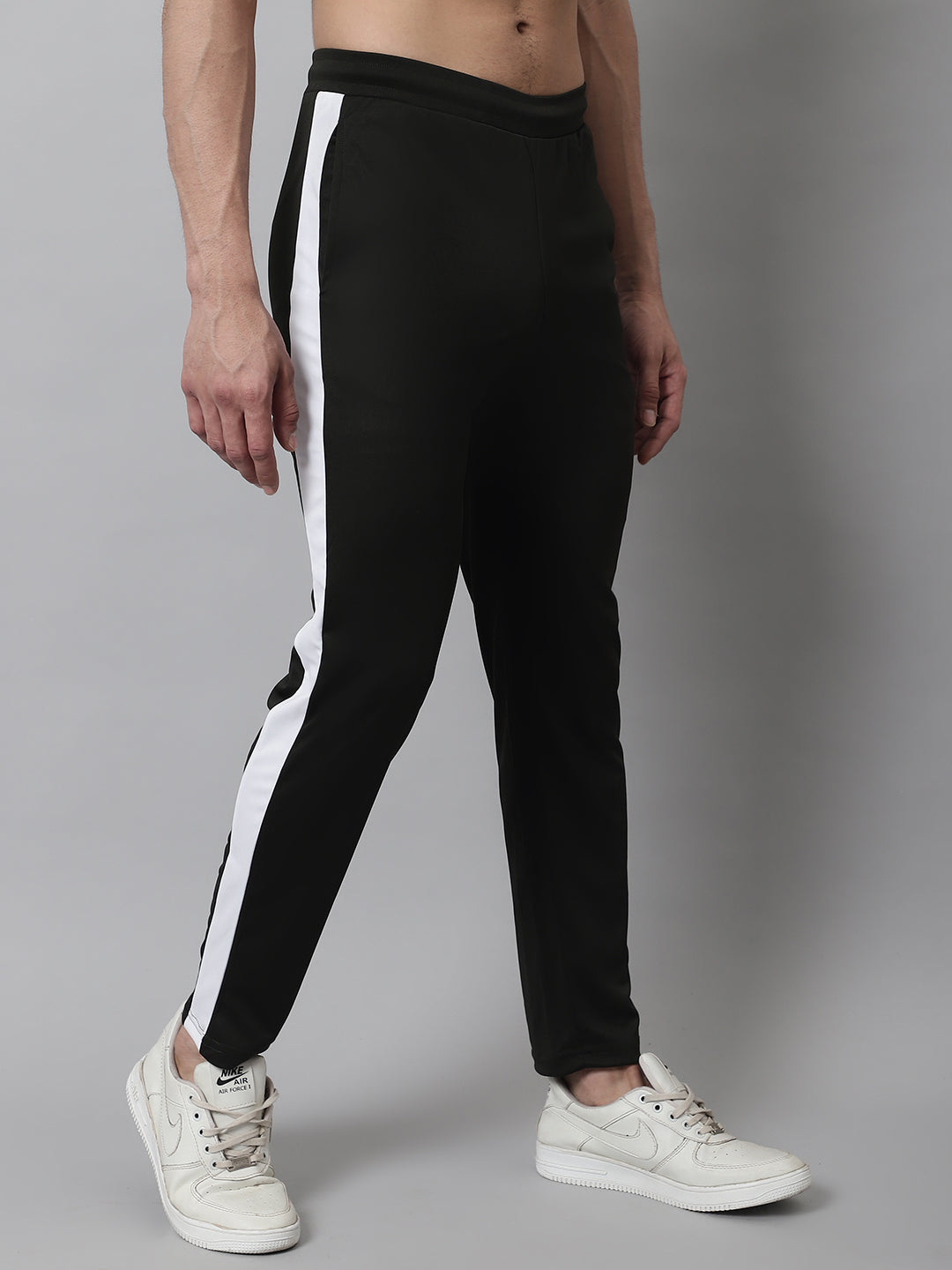 Jainish Men's Olive Green and White Striped Streachable Lycra Trackpants