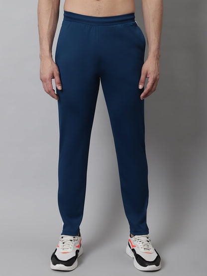 Jainish Men's Peacock Blue and White Striped Streachable Lycra Trackpants