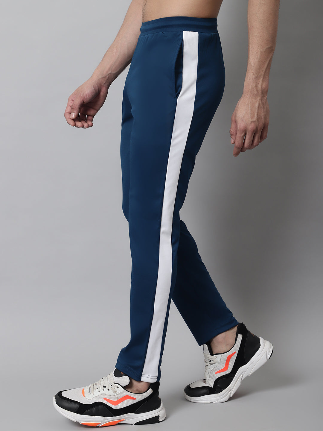 Jainish Men's Peacock Blue and White Striped Streachable Lycra Trackpants
