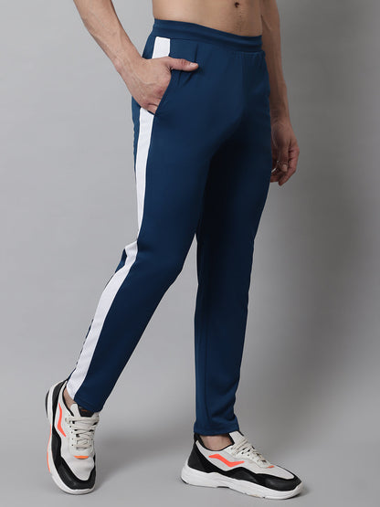 Jainish Men's Peacock Blue and White Striped Streachable Lycra Trackpants