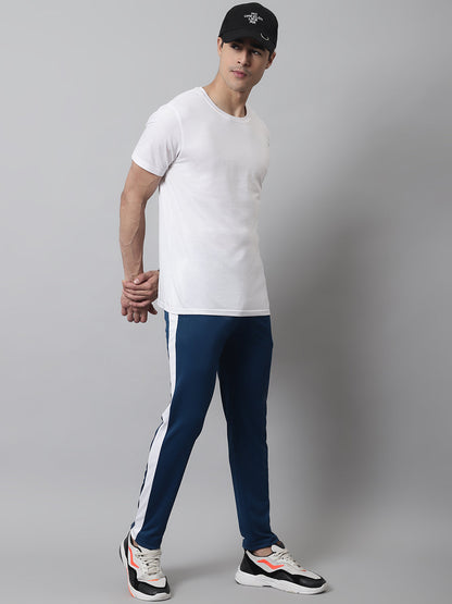 Jainish Men's Peacock Blue and White Striped Streachable Lycra Trackpants