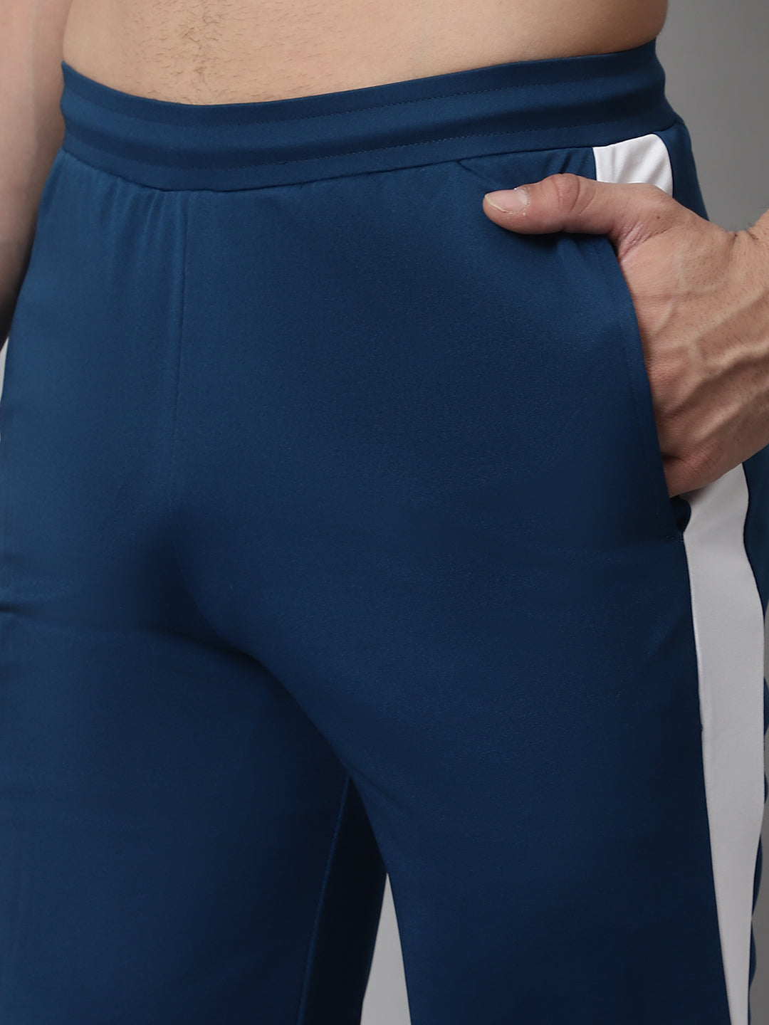 Jainish Men's Peacock Blue and White Striped Streachable Lycra Trackpants