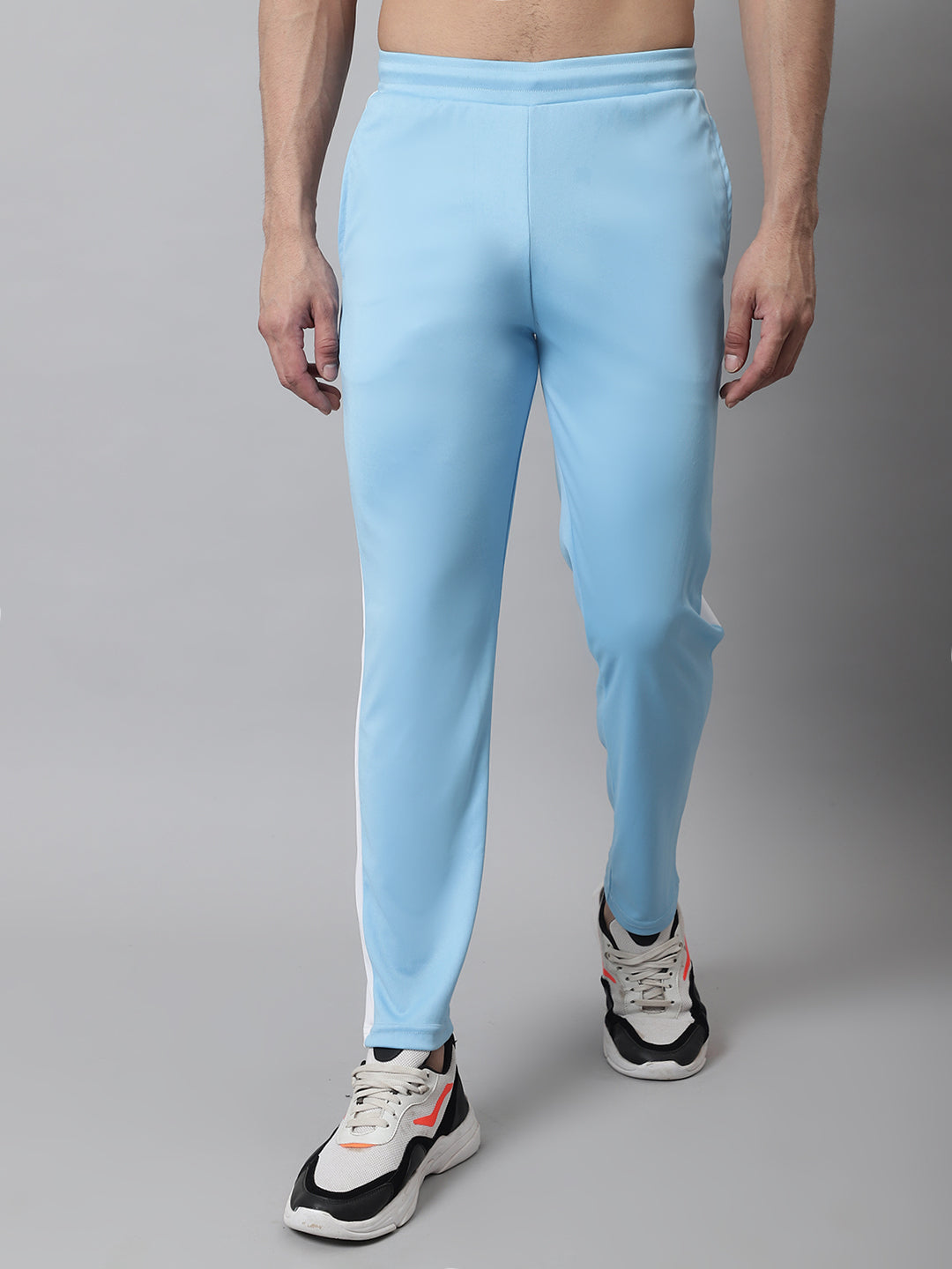 Jainish Men's Sky Blue and White Striped Streachable Lycra Trackpants
