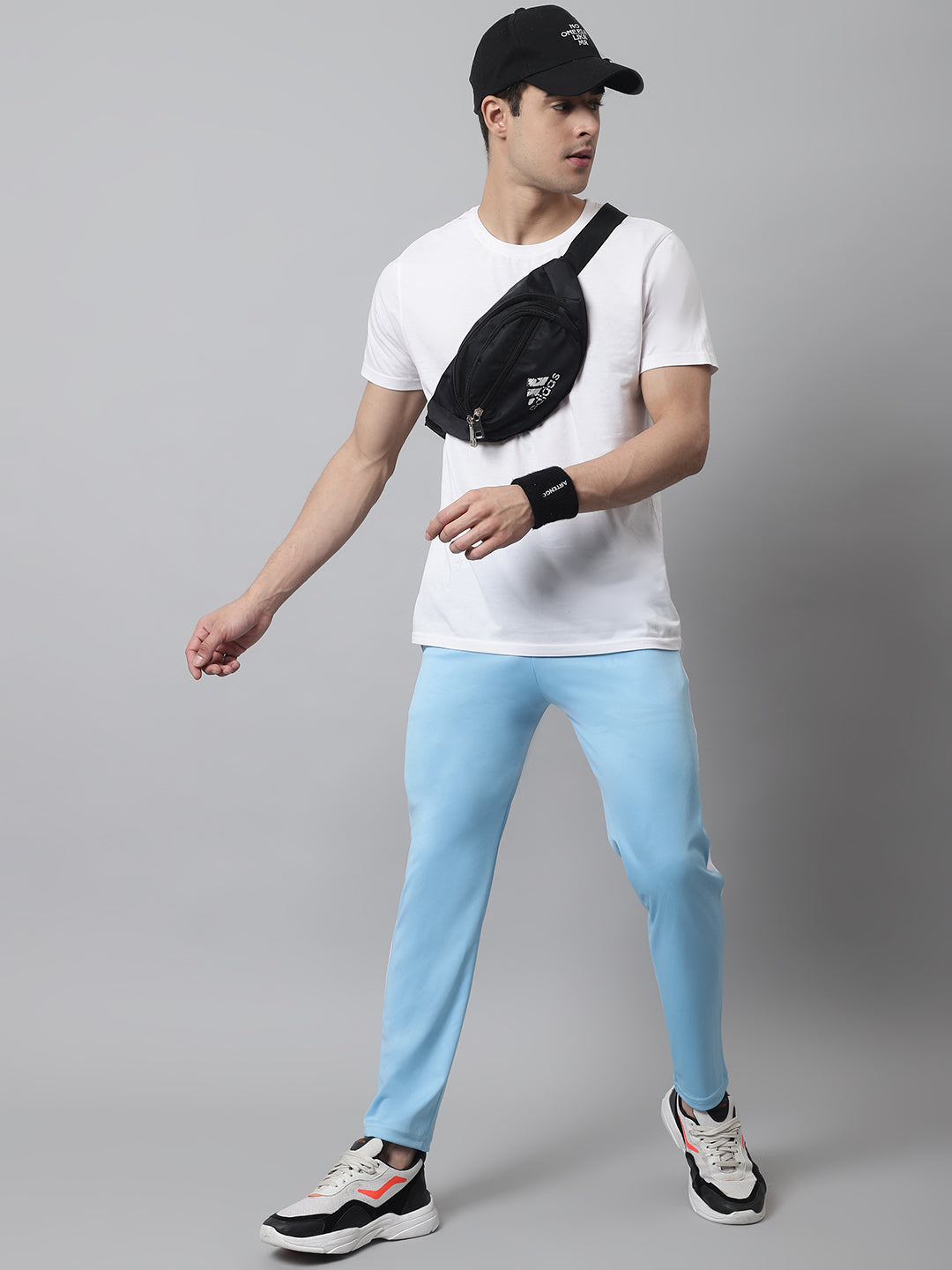 Jainish Men's Sky Blue and White Striped Streachable Lycra Trackpants