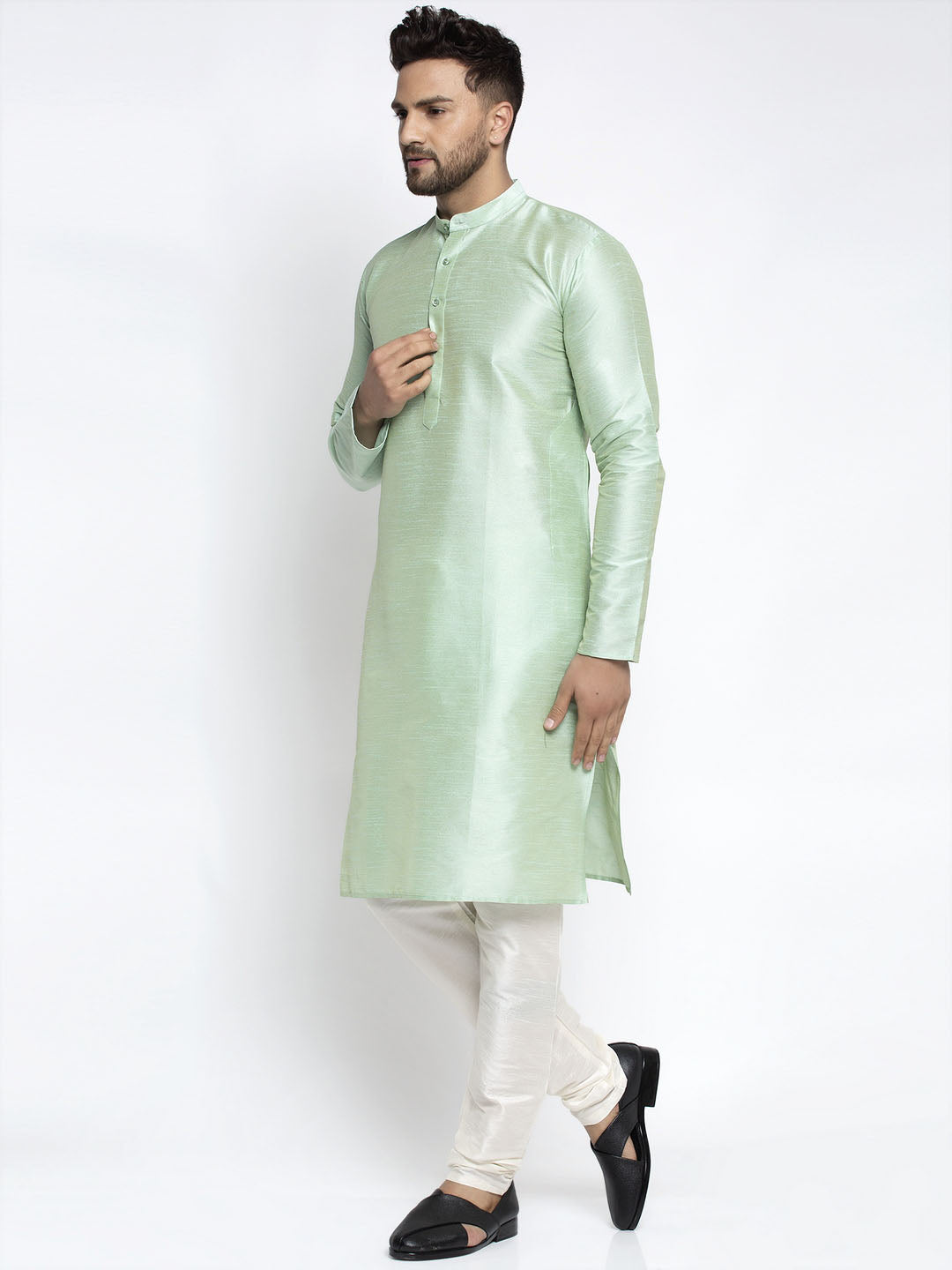 Jompers Men's Green Solid Dupion Silk Kurta Only