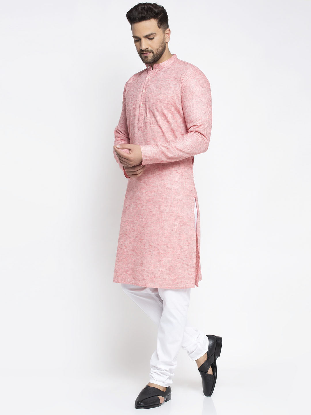 Jompers Men Pink & White Self Design Kurta with Pyjamas