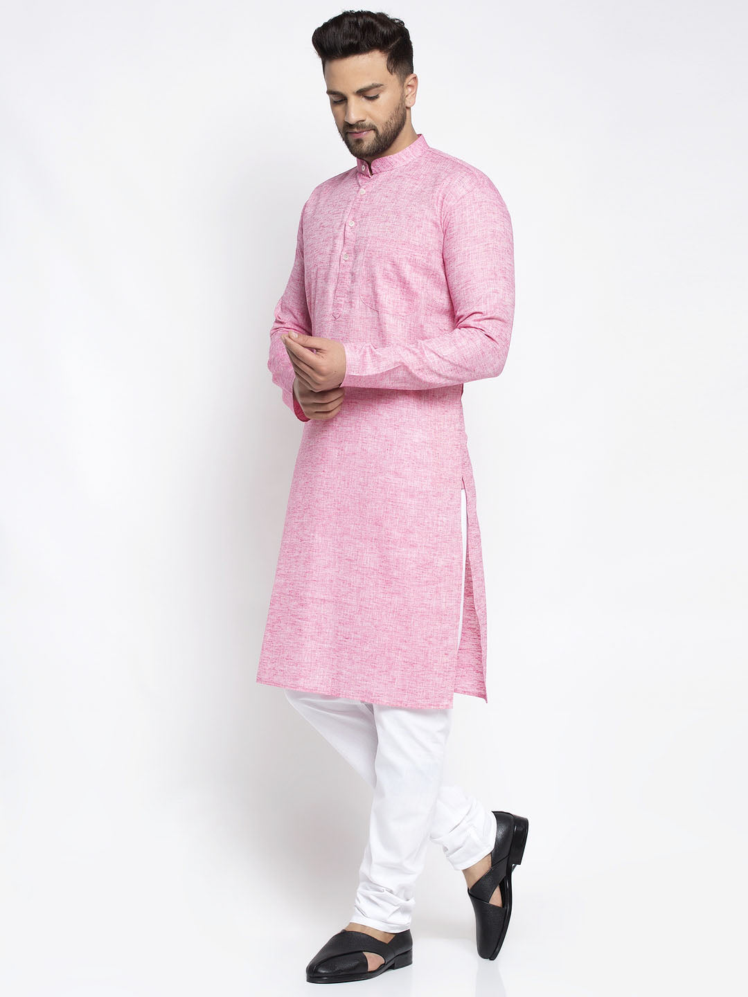 Jompers Men Pink And White Self Design Kurta with Pyjamas