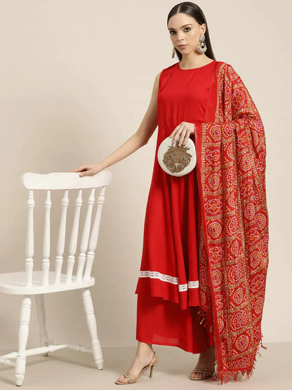 Jompers Women's Kurta with Palazzos & print Dupatta - Red