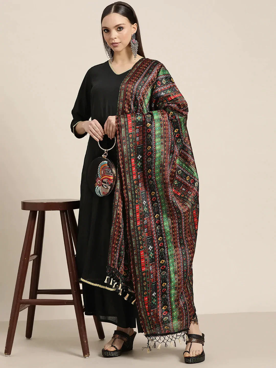 Jompers Women's Kurta with Palazzos & print Dupatta - Black