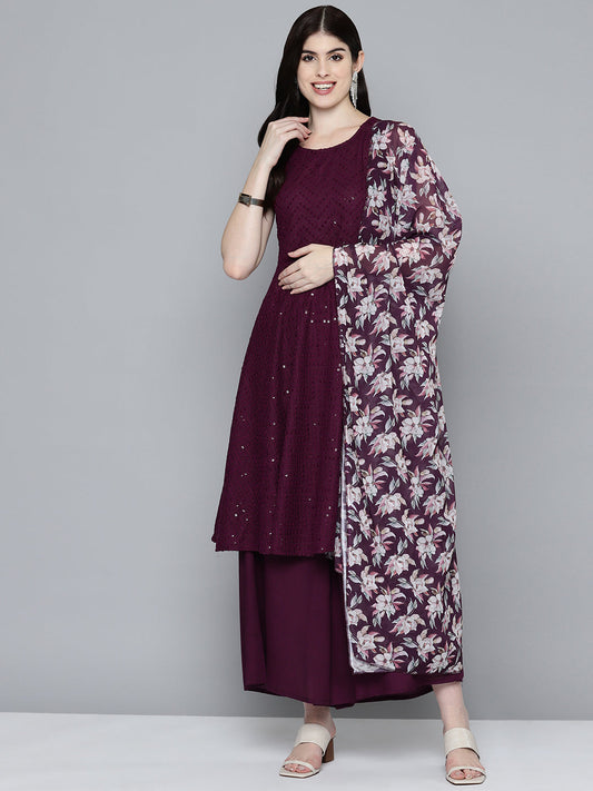 Jompers Women's Embroidered Sequinned Kurta & Palazzos With Dupatta - Purple