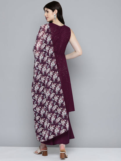 Jompers Women's Embroidered Sequinned Kurta & Palazzos With Dupatta - Purple