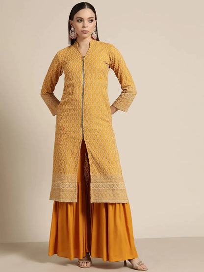 Jompers Women's Mustard Embroidered Kurta with Sharara - Mustard