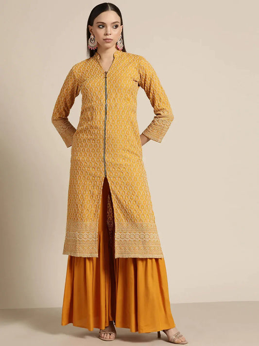 Jompers Women's Mustard Embroidered Kurta with Sharara - Mustard