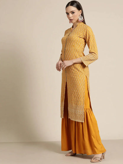 Jompers Women's Mustard Embroidered Kurta with Sharara - Mustard