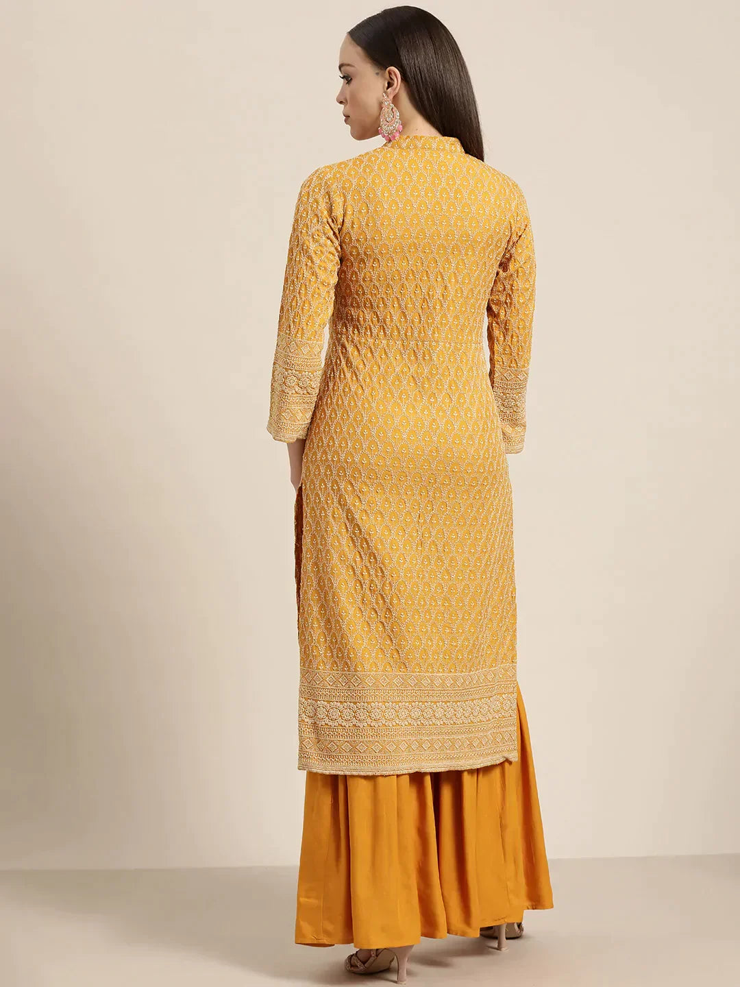Jompers Women's Mustard Embroidered Kurta with Sharara - Mustard