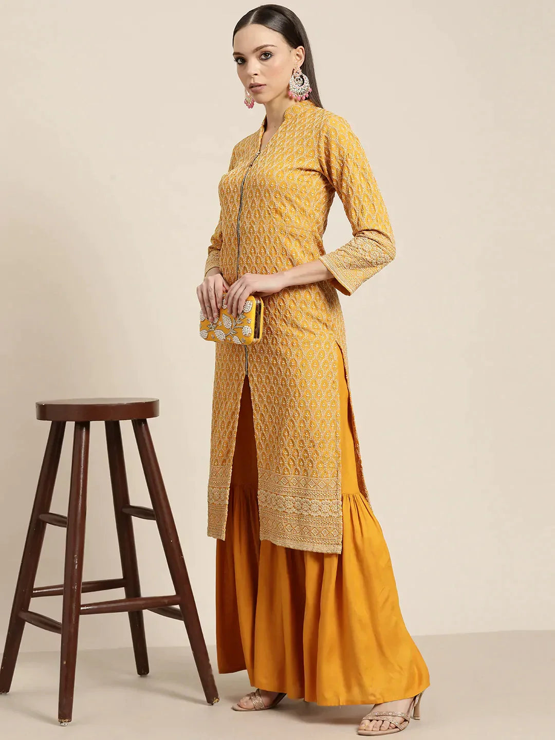 Jompers Women's Mustard Embroidered Kurta with Sharara - Mustard